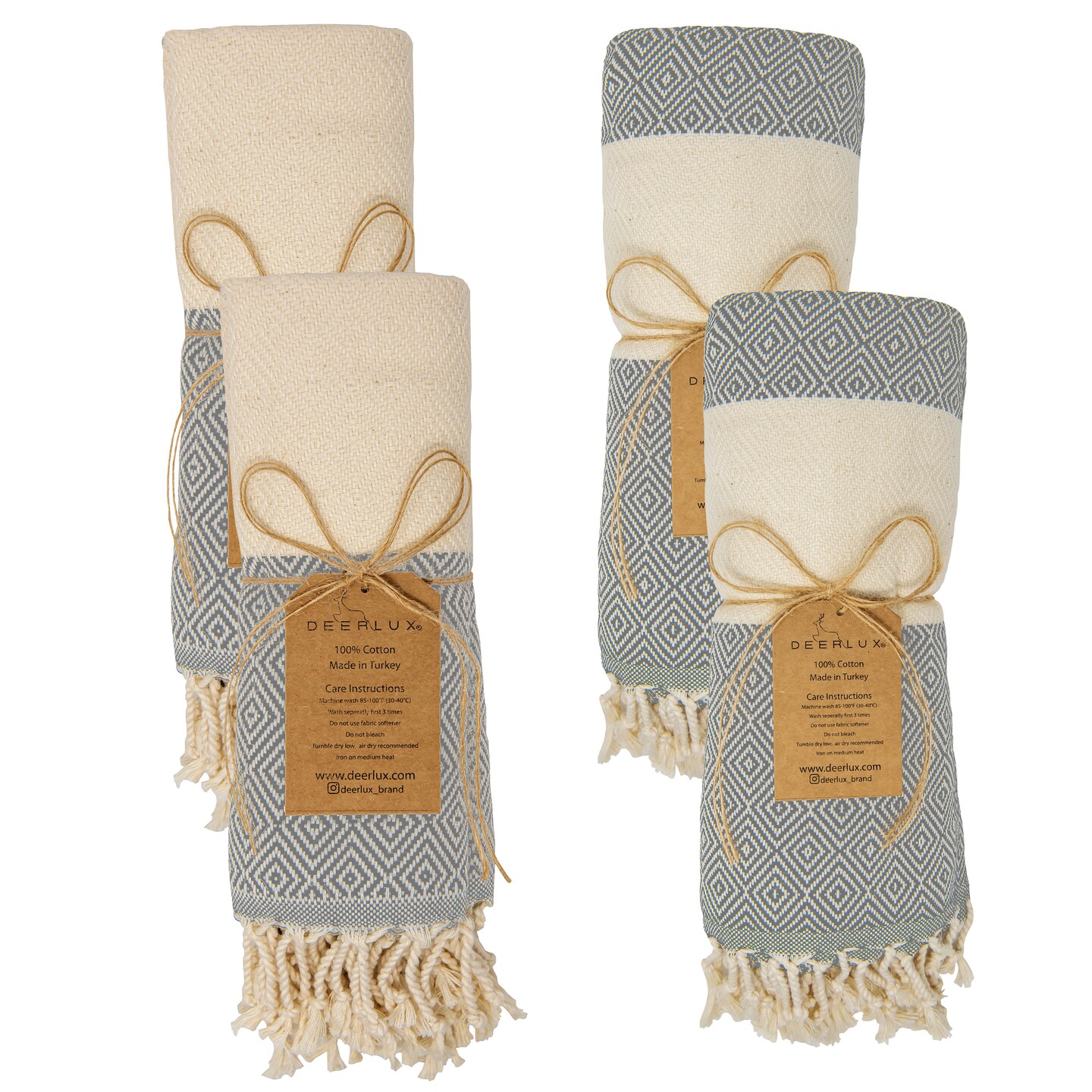 Deerlux 100% Cotton Turkish Set of 2 Hand Towels and Set of 2 Bath Towels, Diamond Peshtemal