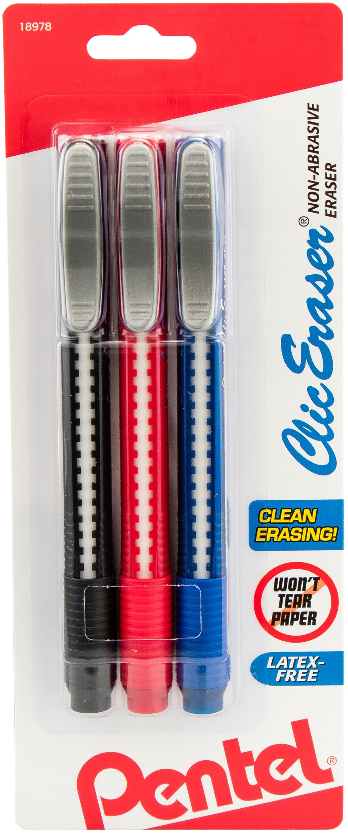 Pentel Clic Retractable Erasers 3/Pkg-Black, Red & Blue Barrels