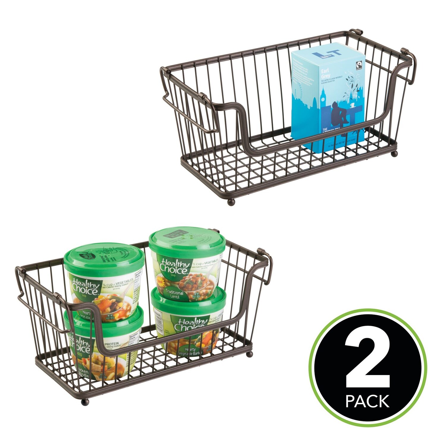 mDesign Stackable Metal Food Storage Basket with Handles, 2 Pack Food