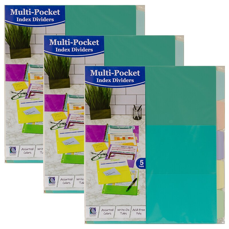 5Tab Index Dividers With MultiPockets, Bright Color Assortment, 81/2