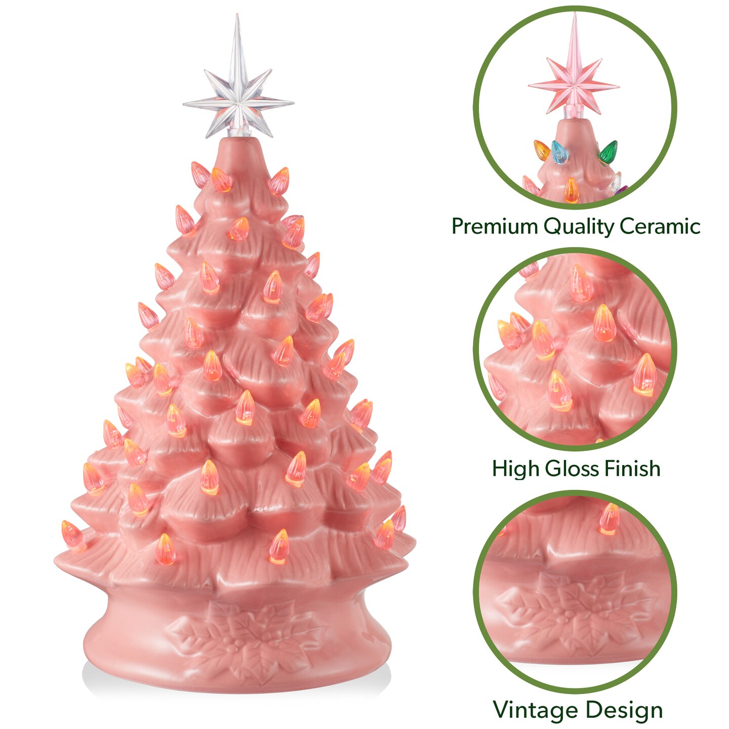 Casafield Hand Painted Ceramic Christmas Tree, Pink 15-Inch Pre-Lit Tree with 128 Multi Color Lights and 2 Star Toppers