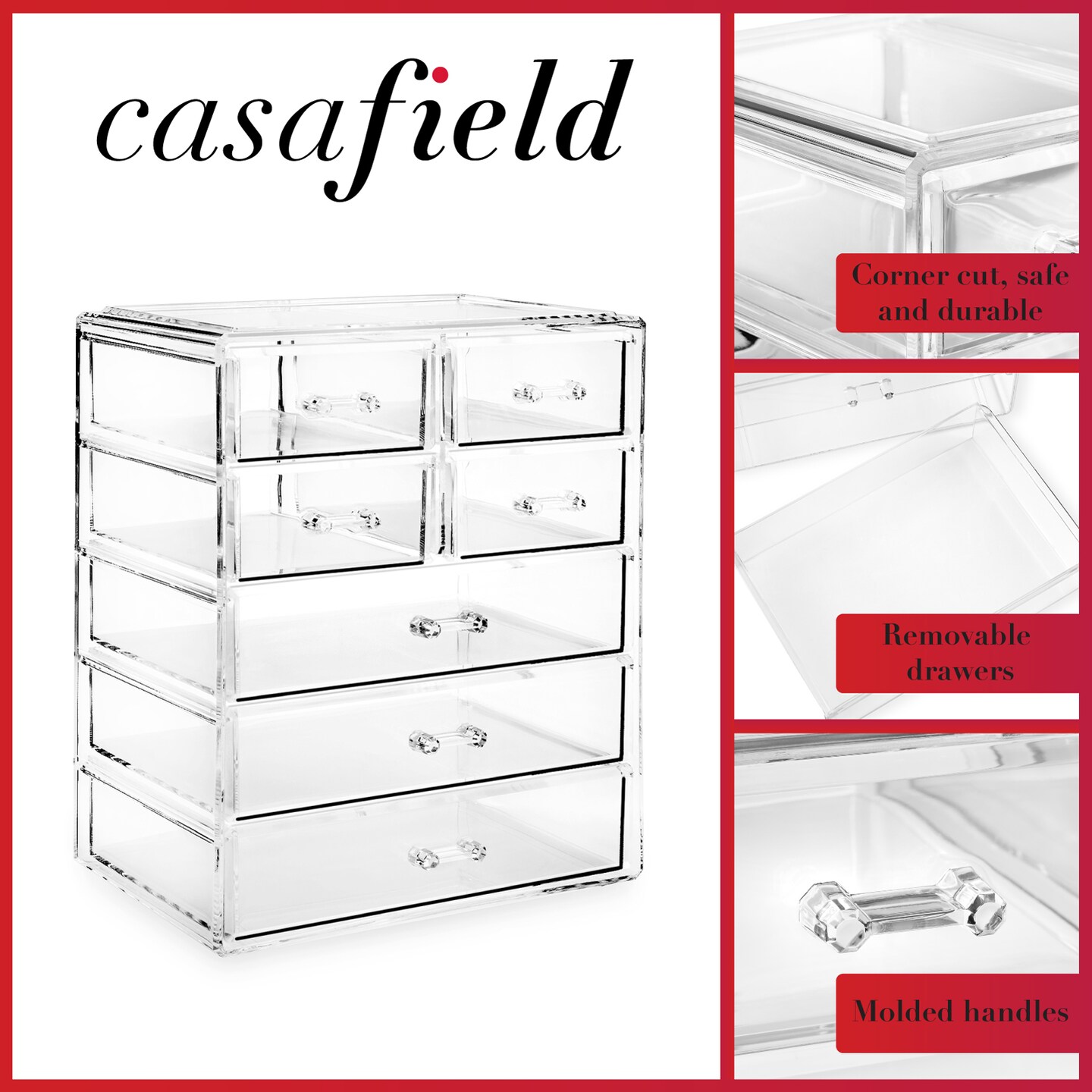 Casafield Acrylic Cosmetic Makeup Organizer &#x26; Jewelry Storage Display Case - 3 Large, 4 Small Drawer Set - Clear