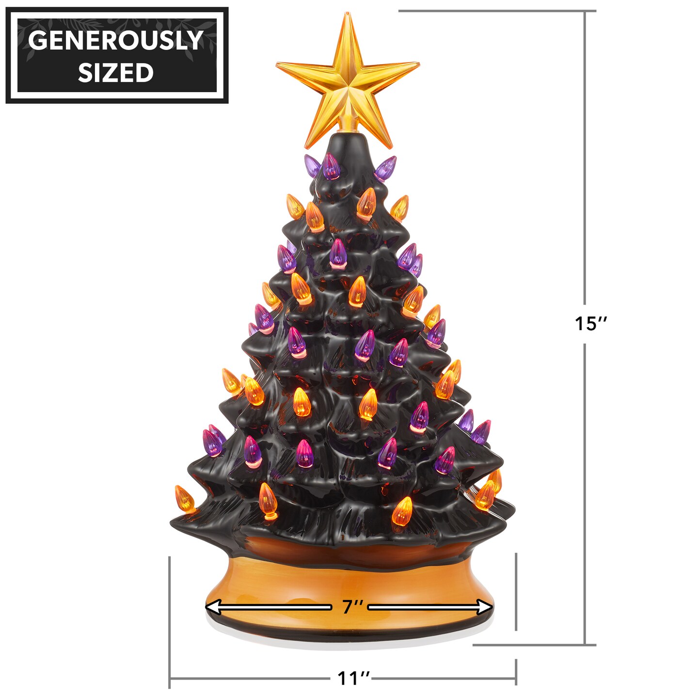 Casafield Hand-Painted Ceramic Halloween Tree, 15-Inch Pre-Lit Decoration with 128 Multi-Color Lights, Jack-O-Lantern and Star Toppers