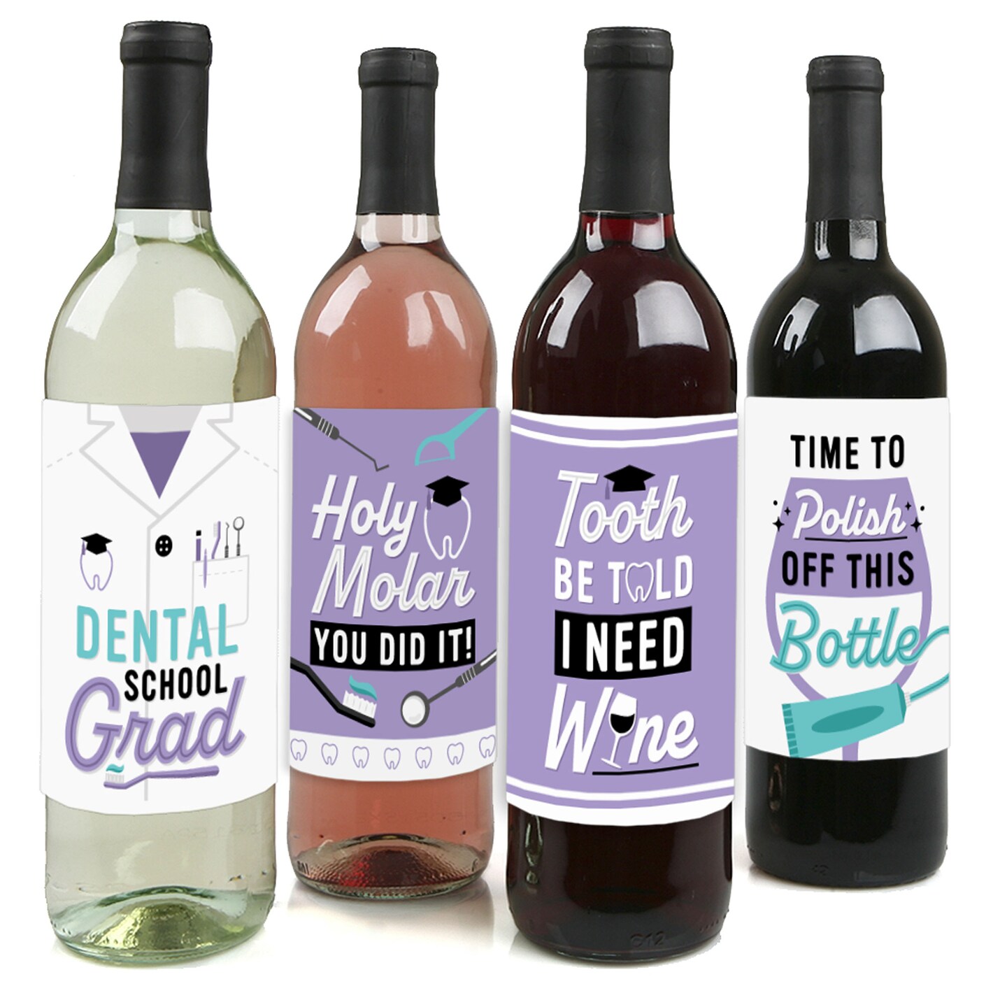 Big Dot of Happiness Dental School Grad - Dentistry and Hygienist Graduation Party Decorations for Women and Men - Wine Bottle Label Stickers - 4 Ct