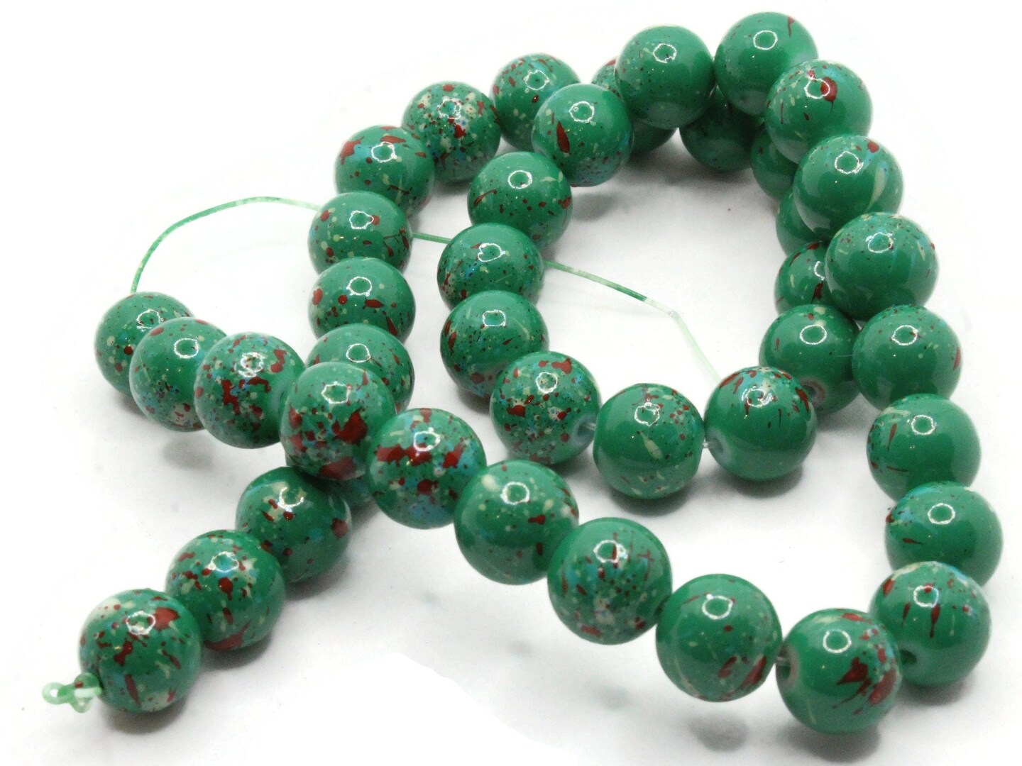 40 10mm Green and Red Splatter Paint Smooth Round Glass Beads