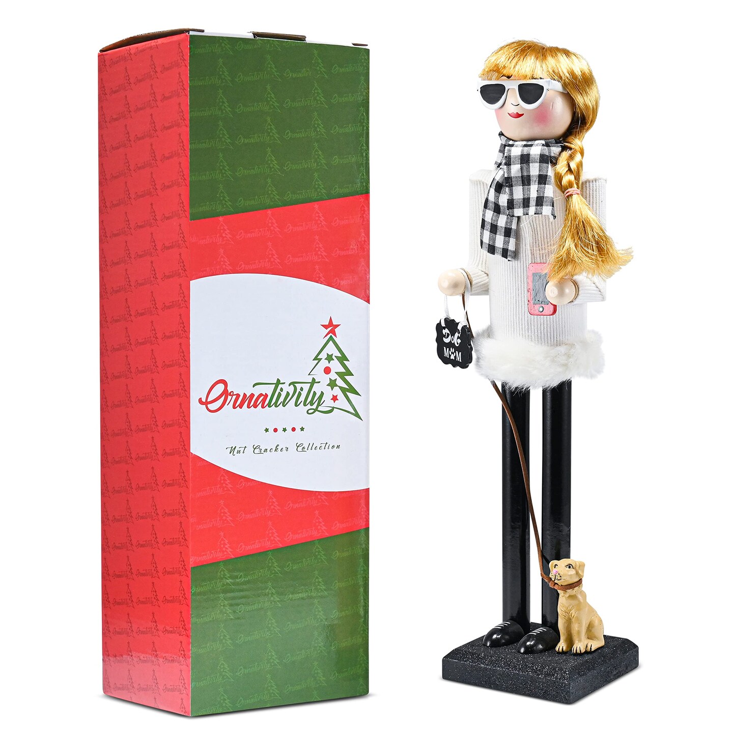 Ornativity Christmas Dog Mom Nutcracker – White and Black Wooden Nutcracker Woman with Dog on Leash and a Smartphone in Hand Xmas Themed Holiday Nut Cracker Doll Figure Decorations
