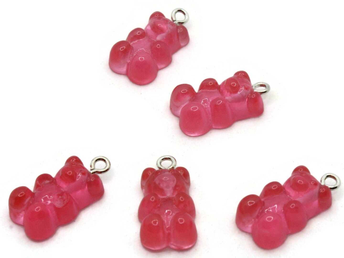 5 20mm Strawberry Pink Gummy Bear Charms - Resin Pendants with Platinum Colored Loops