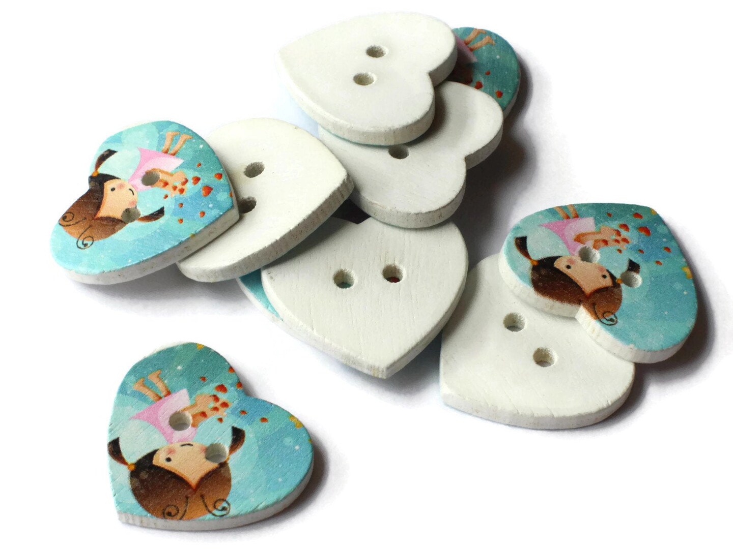 10 25mm Blue Heart Buttons 2 Hole Wooden Buttons with Girl