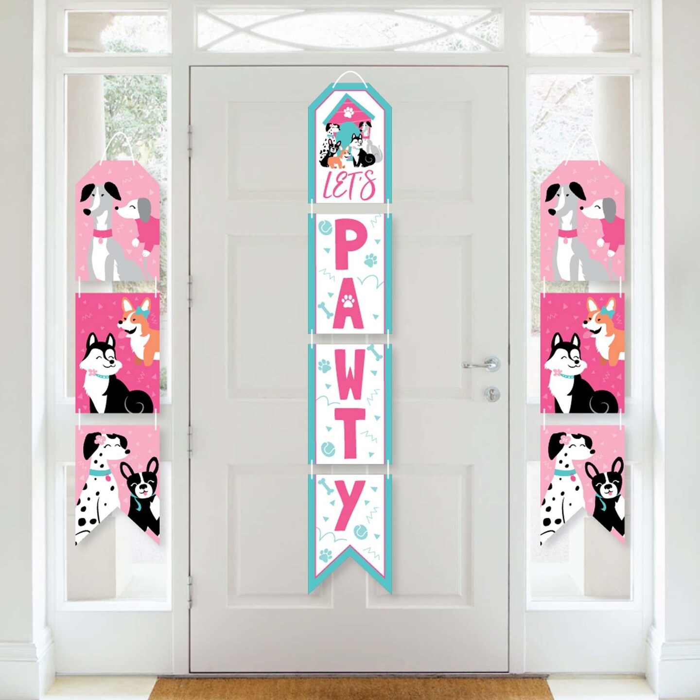 Big Dot of Happiness Pawty Like a Puppy Girl - Hanging Vertical Paper Door Banners - Pink Dog Baby Shower Birthday Party Wall Kit - Indoor Door Decor
