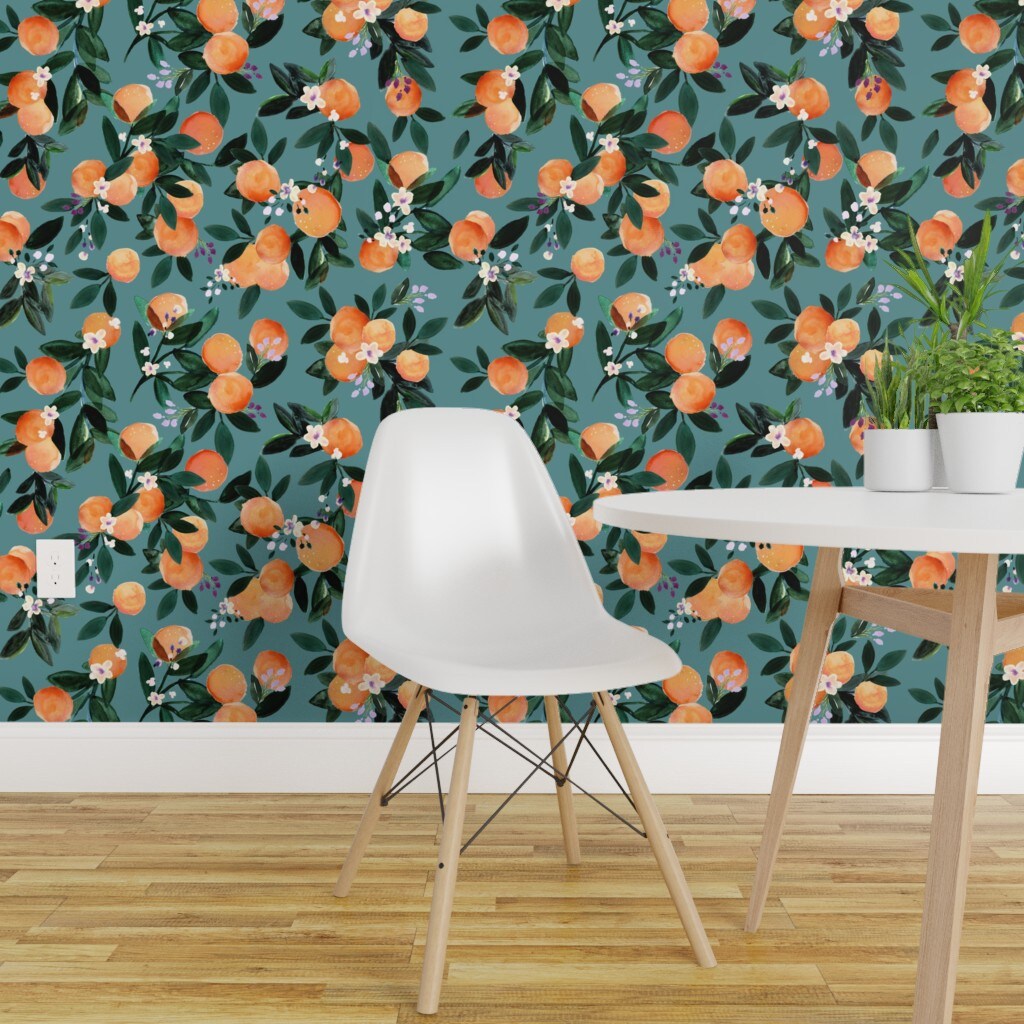 Peel & Stick Wallpaper 2FT Wide Clementine Oranges Teal Flowers Orange