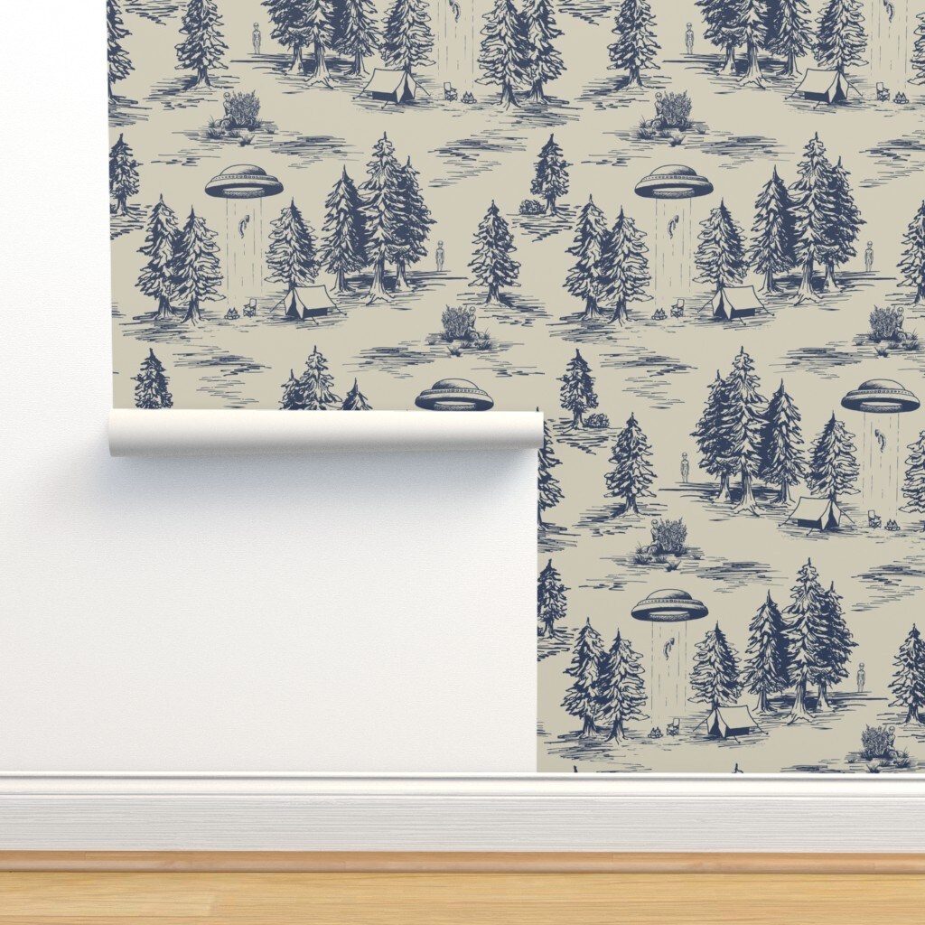 Alien Toile Outer Space Camping Tent Ufo Abduction Whimsical Custom Pre-pasted Wallpaper by Spoonflower Pre-Pasted Wallpaper 2FT Wide 10112497