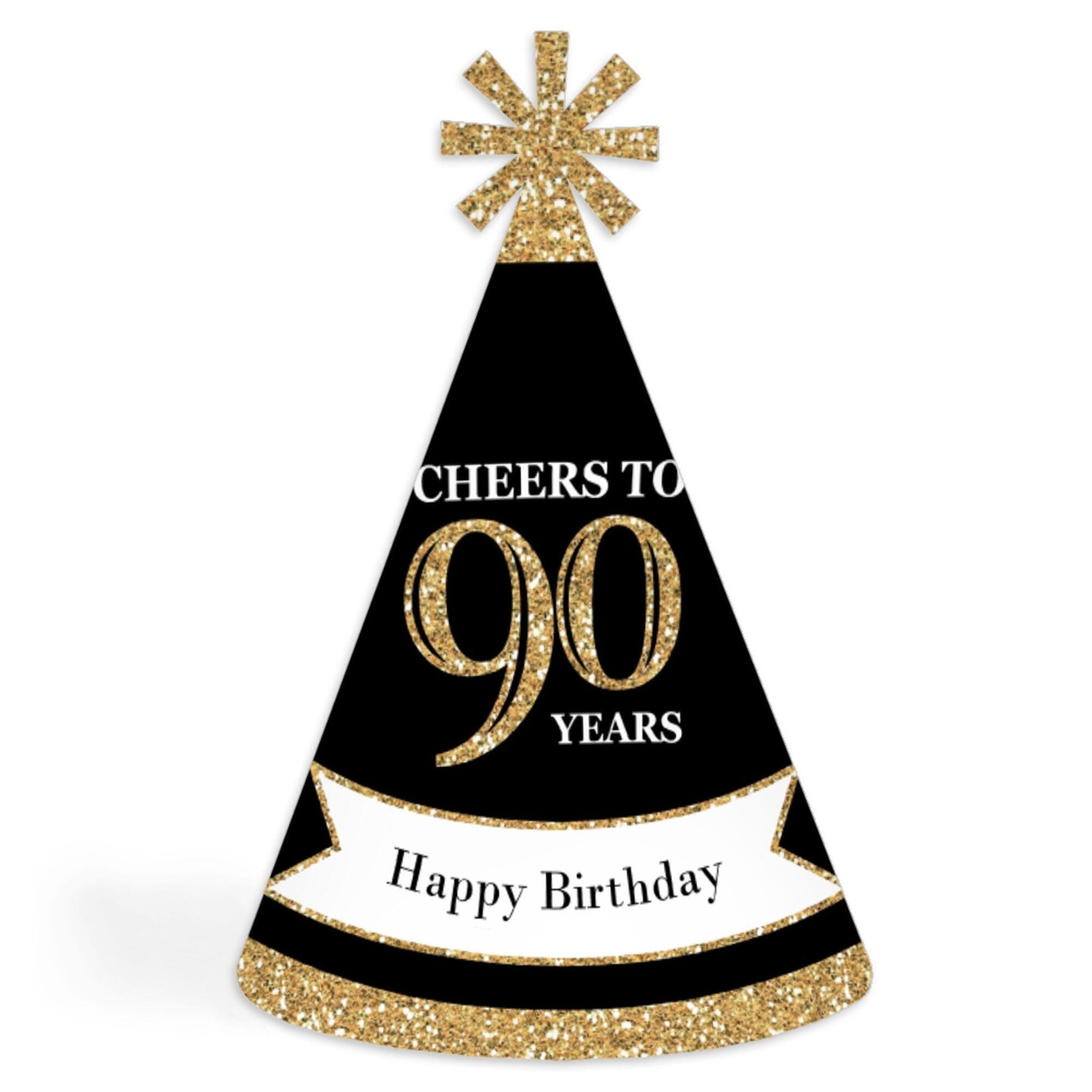 Big Dot of Happiness Adult 90th Birthday - Gold - Cone Birthday Party Hats for Adults - Set of 8 (Standard Size)