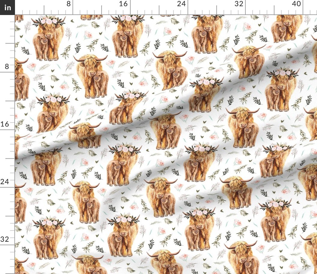 Highland Cow Scottish Shaggy Floral Baby Calf Spring Cattle Custom Printed Fabric by Spoonflower Various Fabrics by the Yard or Fat Quarter