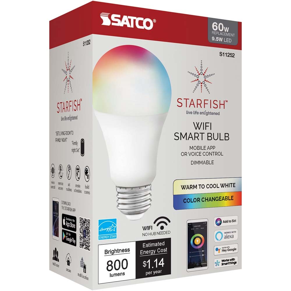 Satco 9.5w A19 LED RGB Tunable White Starfish IOT 800 Lumens 120 Volt