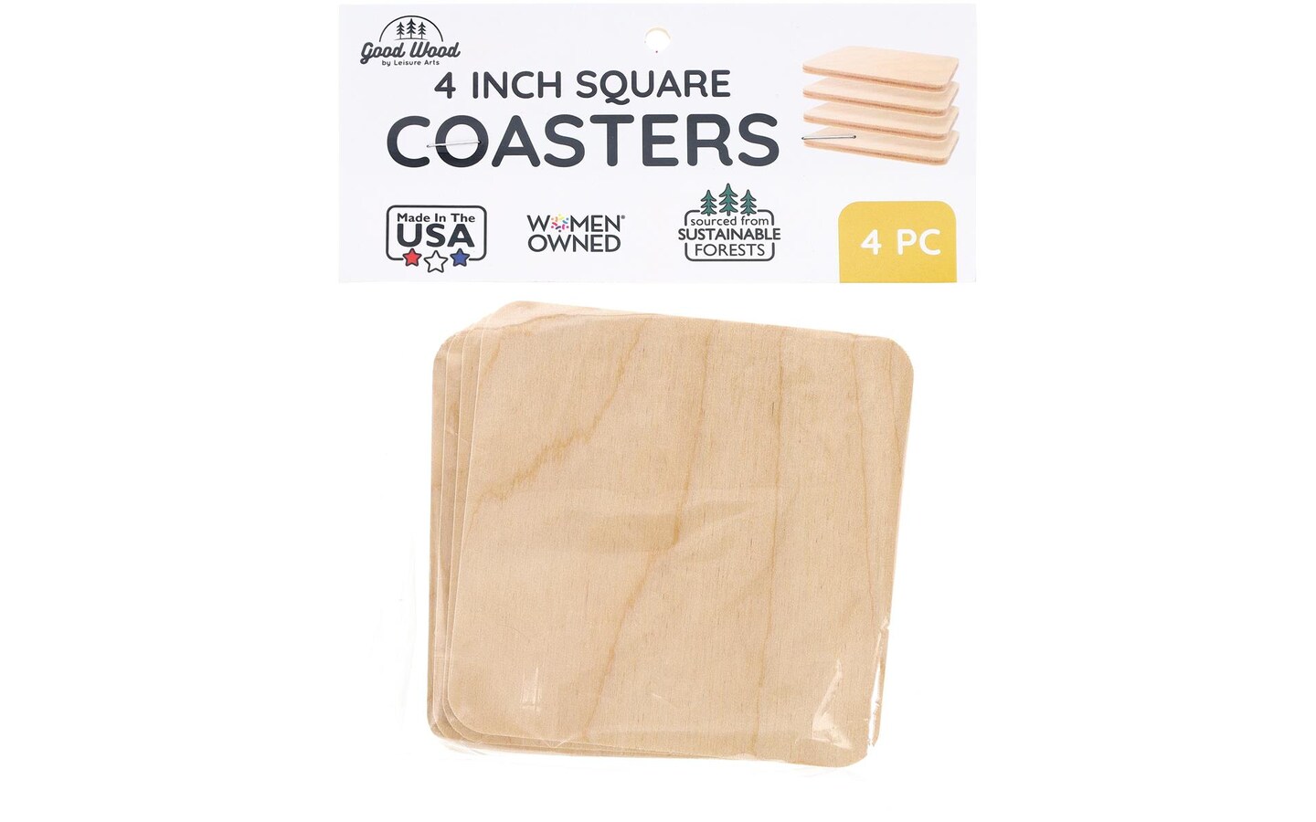 Good Wood by Leisure Arts Coaster Rounded Square 4" x 4" 4 pieces round wooden craft squares