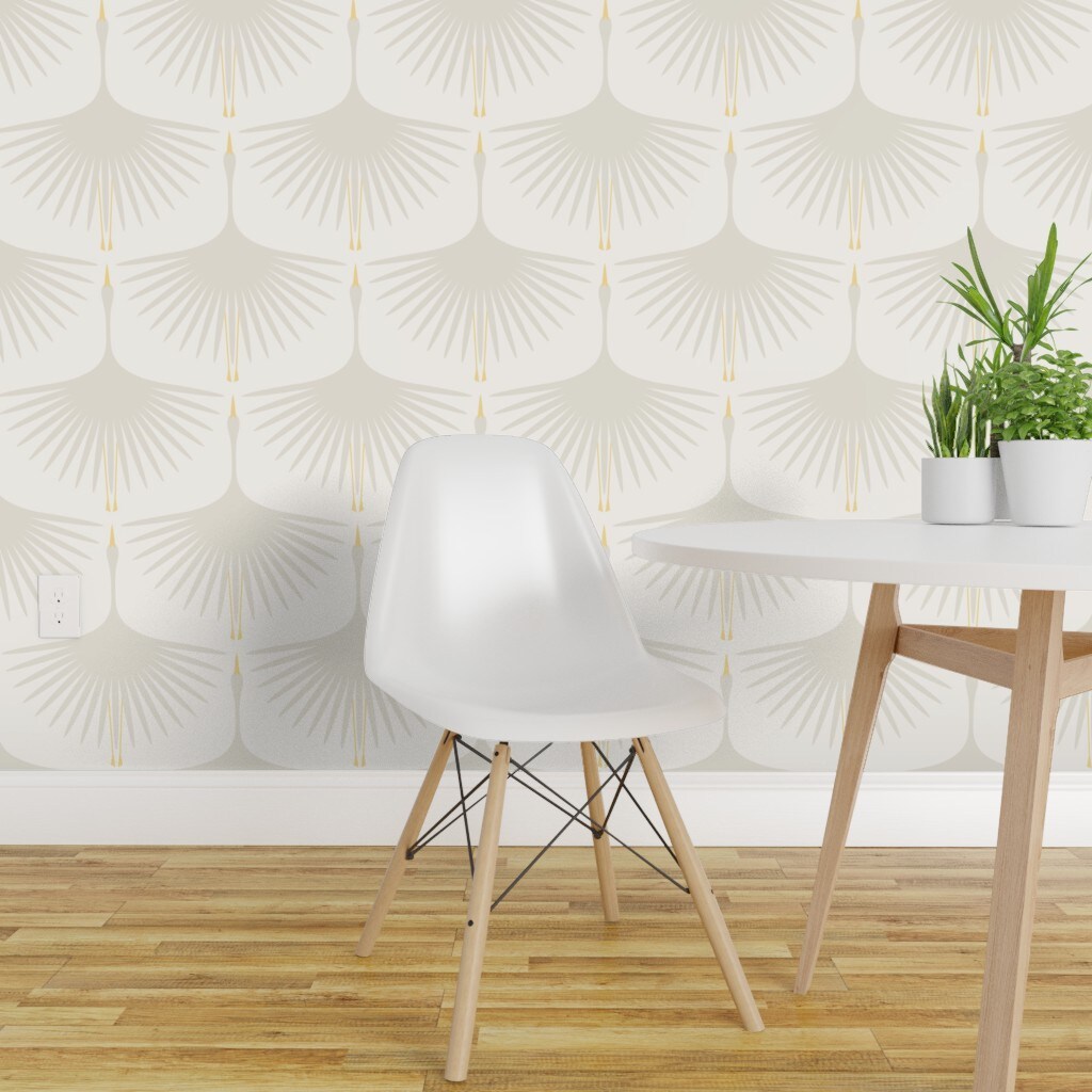 Peel &#x26; Stick Wallpaper 2FT Wide Mid Century Cranes Cream On Ivory Minimal Subtle Large Scale 1920S Style Custom Removable Wallpaper by Spoonflower