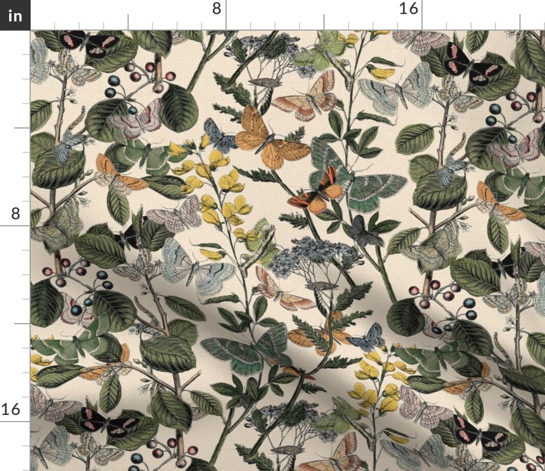 Butterfly Garden Fall Botanical Vintage Plants Bugs Nature Historic Custom Printed Fabric by Spoonflower Various Fabrics by the Yard or Fat Quarter