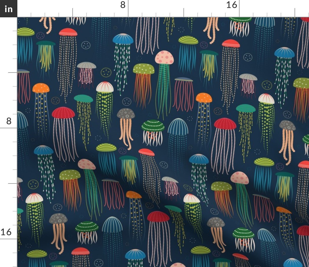 Jellyfish Nautical Underwater Sea Life Ocean Animals Pink Red Blue Orange Custom Printed Fabric by Spoonflower Various Fabrics by the Yard or Fat Quarter