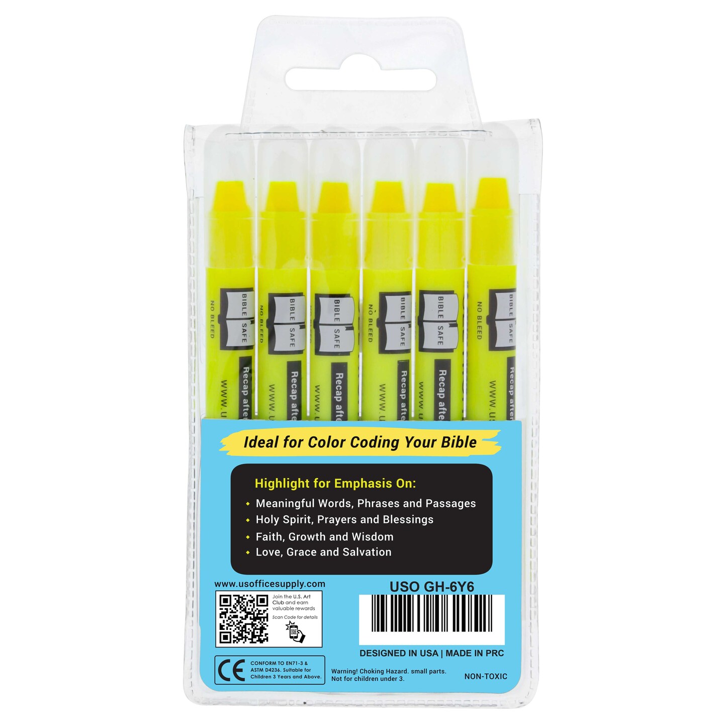U.S. Office Supply 6 Pack of Yellow Bible Safe Gel Highlighters Bright Neon Fluorescent Yellow