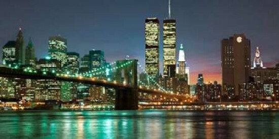The Brooklyn Bridge and Twin Towers at Night Poster Print by Barry Mancini - Item # VARPDX2AP3679