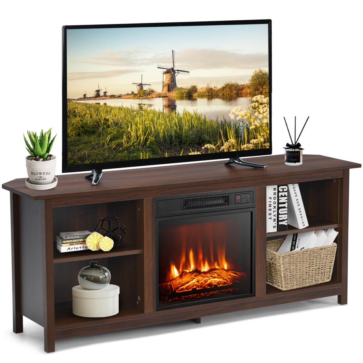 Gymax 58 2-Tier Fireplace TV Stand W/18 Electric Fireplace up to 65 Coffee