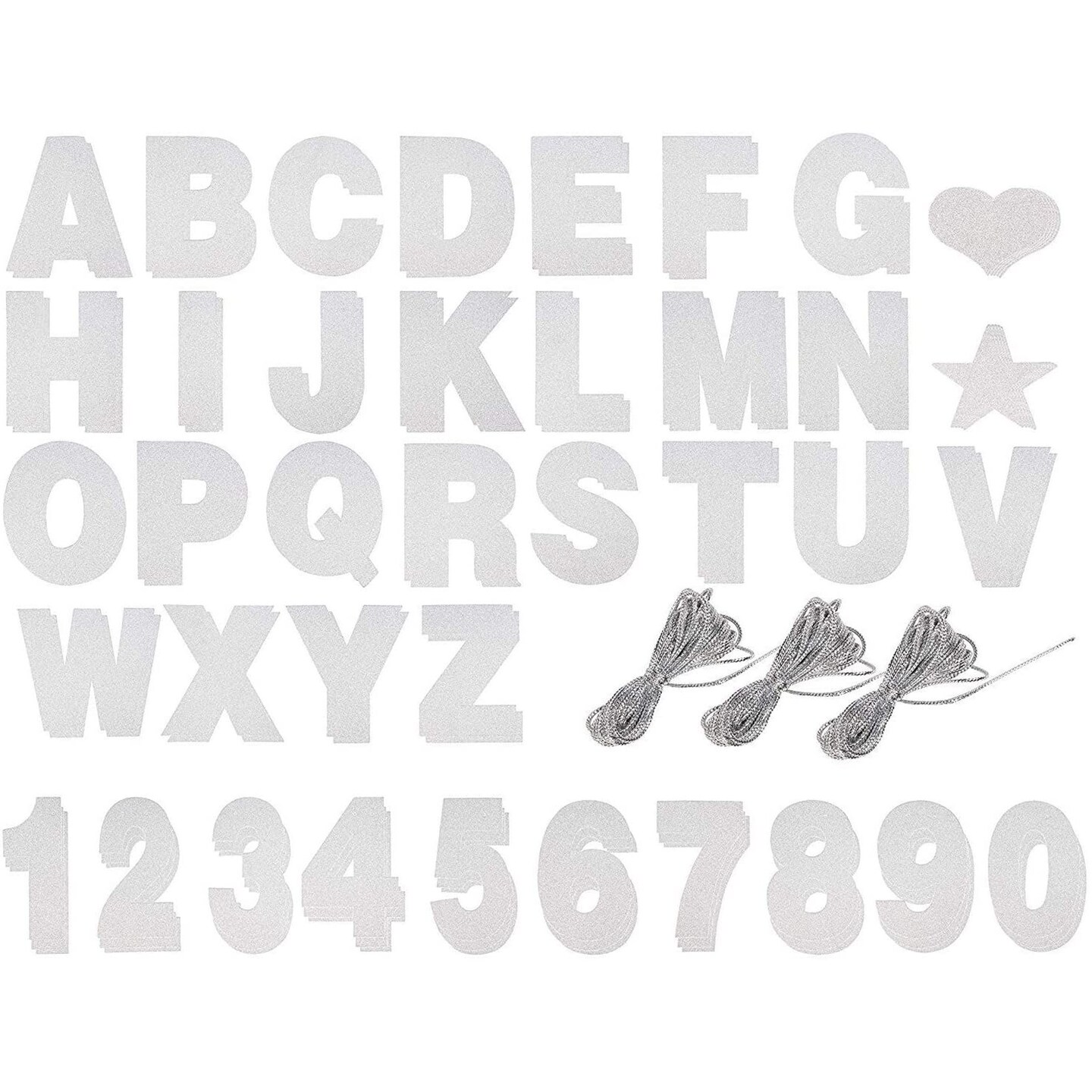 126 Pieces Make Your Own Banner Kit - DIY Banner with Silver Glitter Letters A-Z, Numbers 0-9, Hearts, Stars, and 3 Strings