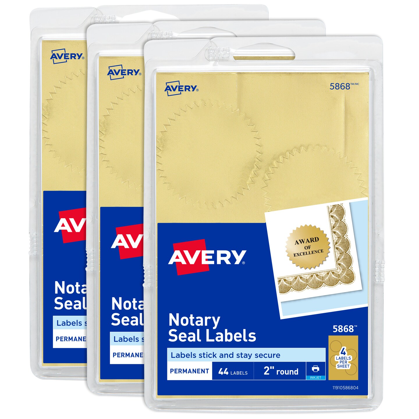 Avery Notary Seal Labels, 2&#x22; Diameter, Printable Gold Certificate Seals, Inkjet, 3-Pack, 132 Gold Seals Total (35868)