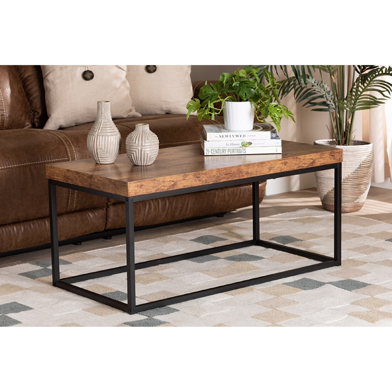 Wholesale Interiors Baxton Studio Bardot Modern Industrial Walnut Brown Finished Wood and Black Metal Coffee Table