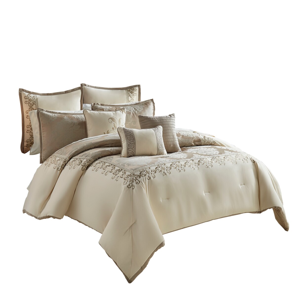 Saltoro Sherpi 9 Piece Queen Polyester Comforter Set with Damask Print, Cream and Gold-