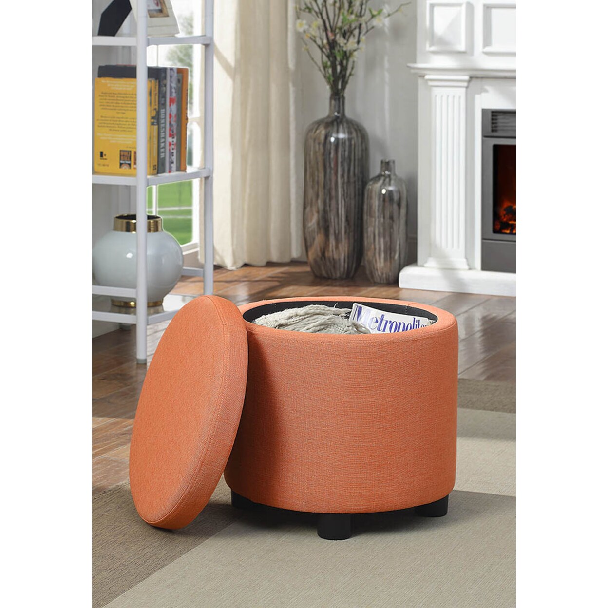 Convenience Concepts Designs4Comfort Round Accent Storage Ottoman, Coral Faux Linen