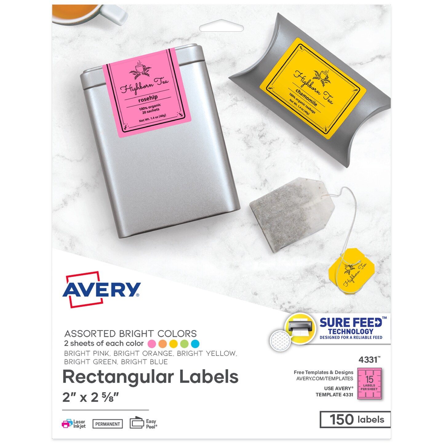 Avery Labels with Sure Feed, Assorted Bright Colors, 2&#x22; x 2-5/8&#x22;, Laser/Inkjet, 150 Labels (4331)