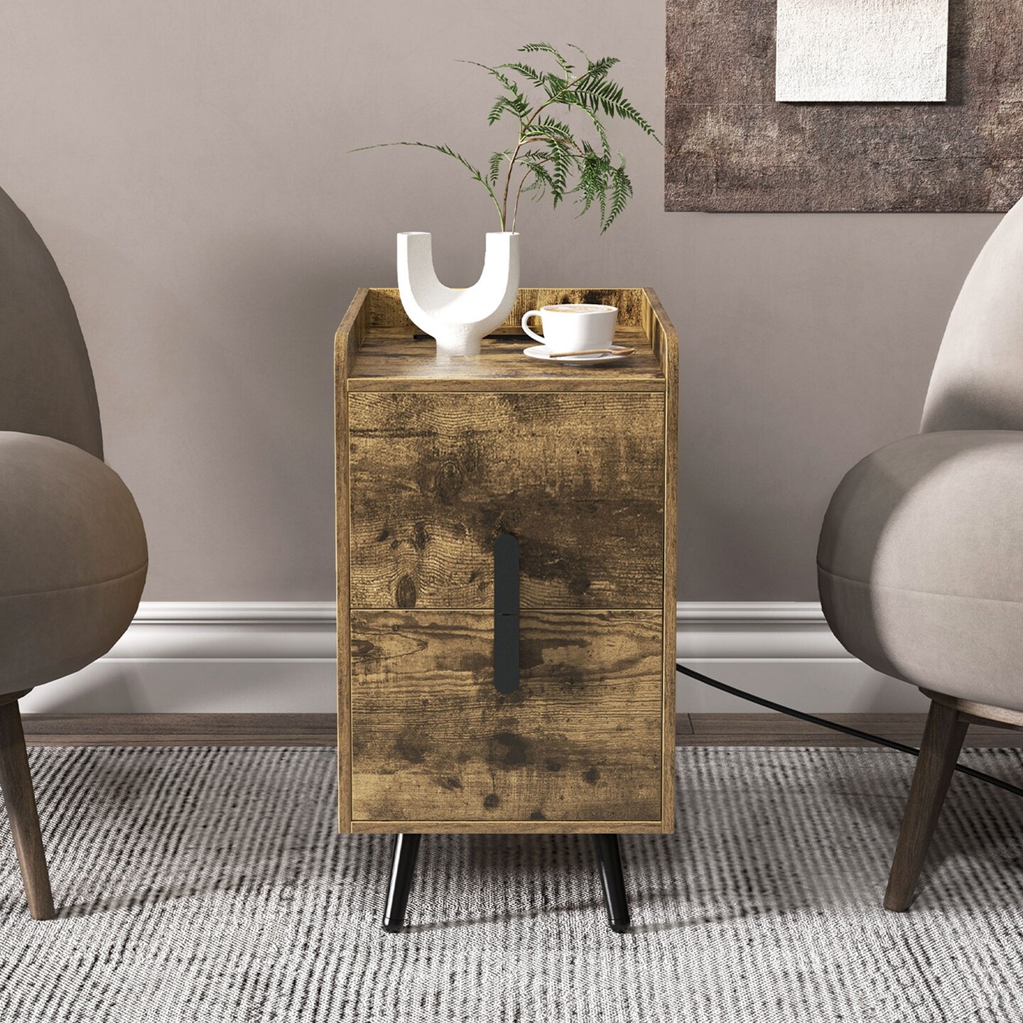 Costway Nightstand with Charging Station Home Bedside Sofa Side Tables with 2 Drawers Coffee/White/Black