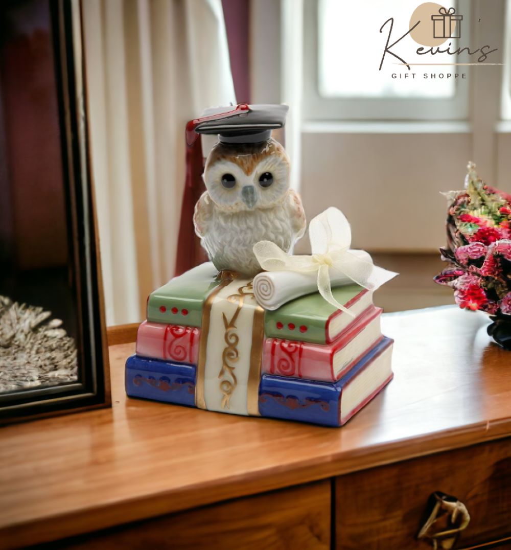 Ceramic Graduating Owl Music Box Playing &#x22;Over the Rainbow&#x22;, Home D&#xE9;cor, Graduation Gift, Gift for Son, Gift for Daughter