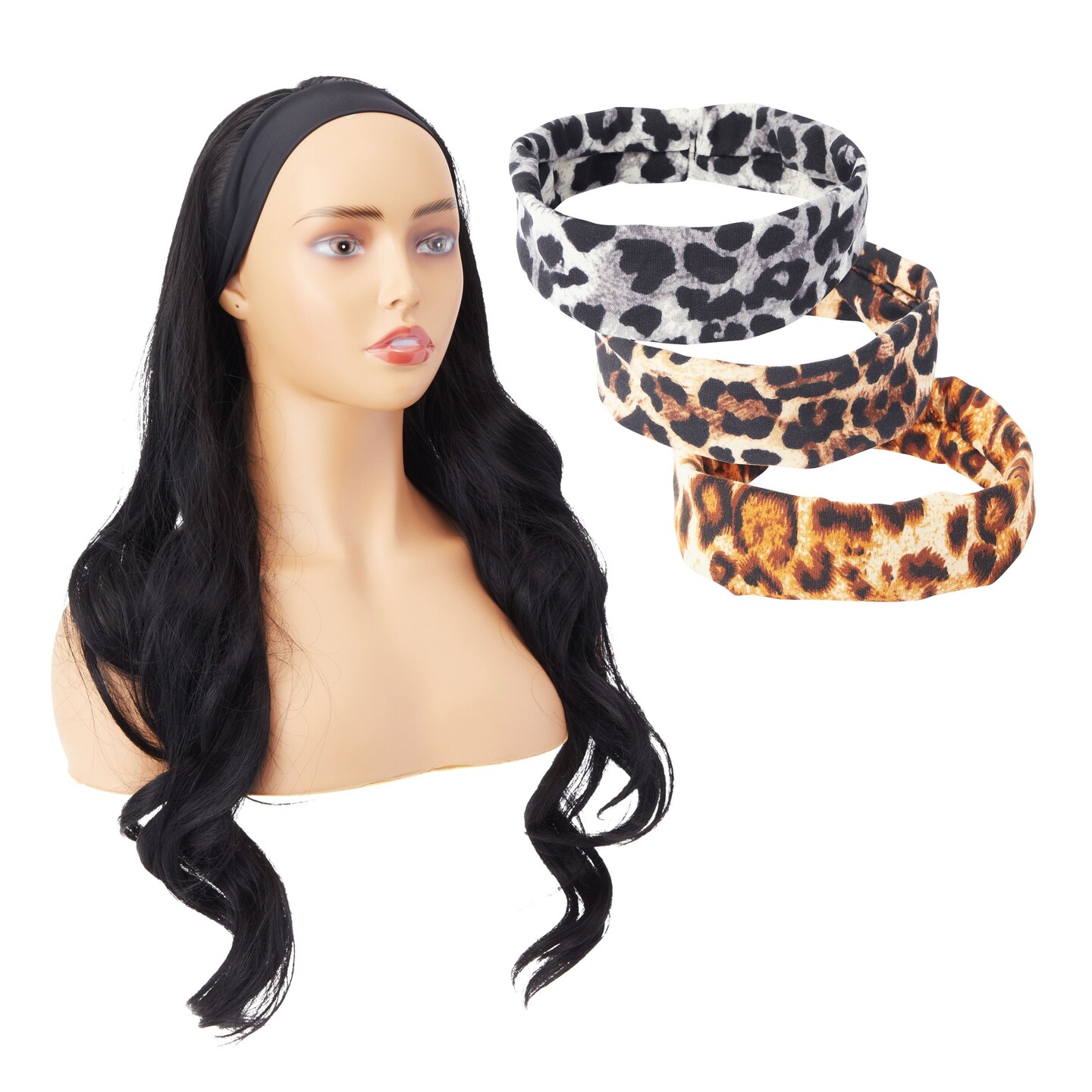 Synthetic Headband Wig Wavy Style with 3 Headbands, Natural Black Color for Daily Use (26 In)