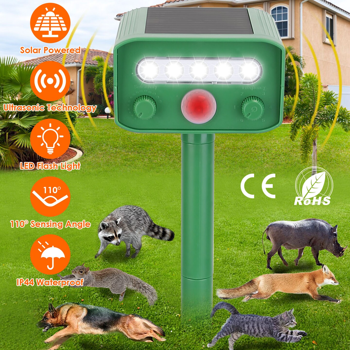 Global Phoenix Solar Powered Ultrasonic Animal Repeller Motion Sensor USB Animal Repellent Chaser IP44 Waterproof for Farm Garden Yard