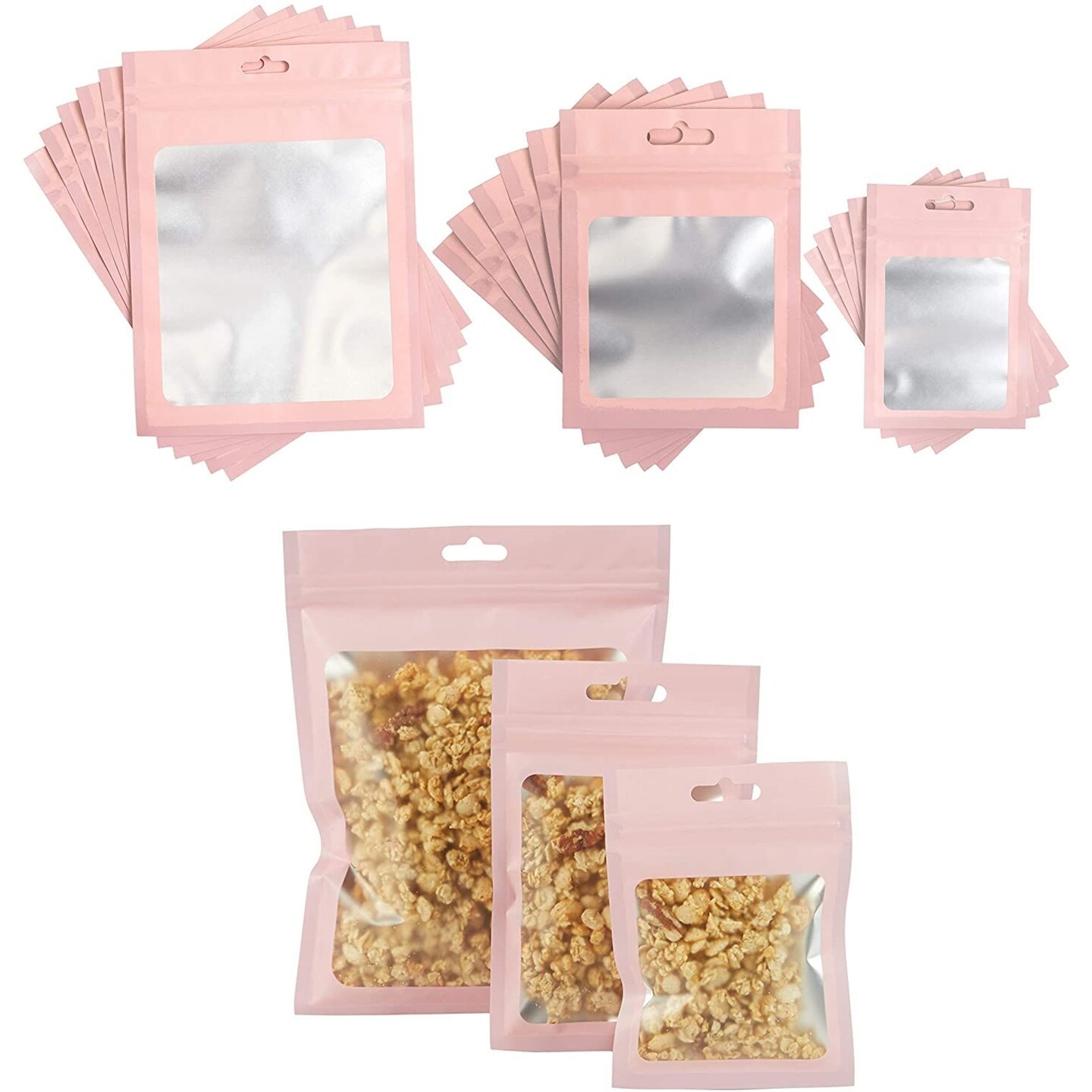 Pink Resealable Plastic Bags, Clear Storage Bags in 3 Sizes (120 Pack)