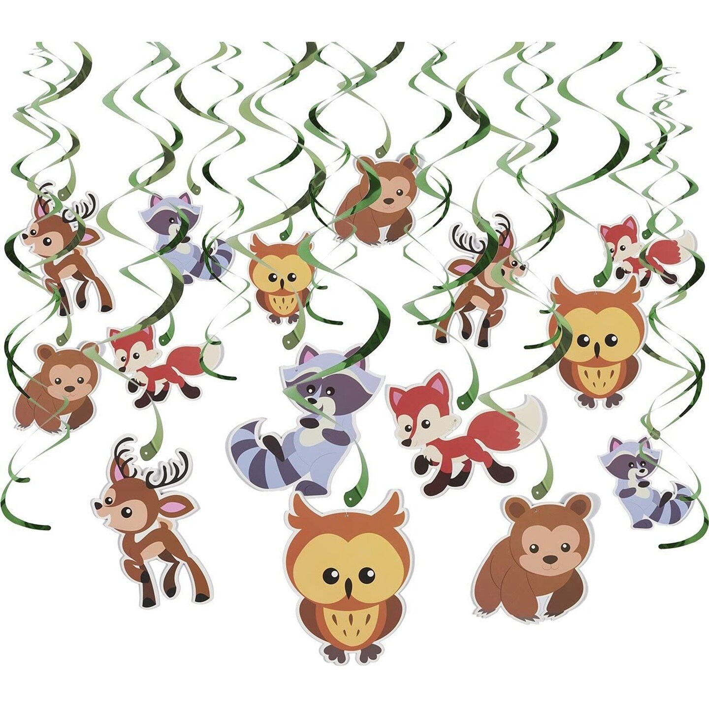 30-Count Swirl Decorations &#x2013; Woodland Animals DecorBirthday Party Decorations, Ceiling Streamers, Hanging Whirls for Kids, Multicolored - Hanging Length: 30 &#x2013; 37 Inches