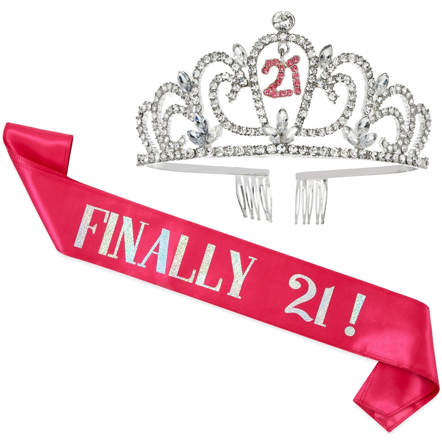 21st Birthday Sash and Crown Set for Her, Finally 21 Hot Pink Reflective Sash, Rhinestone Tiara