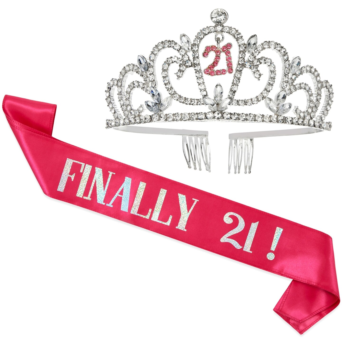 21st Birthday Sash and Crown Set for Her Finally 21 Hot Pink Reflective Sash Rhinestone Tiara