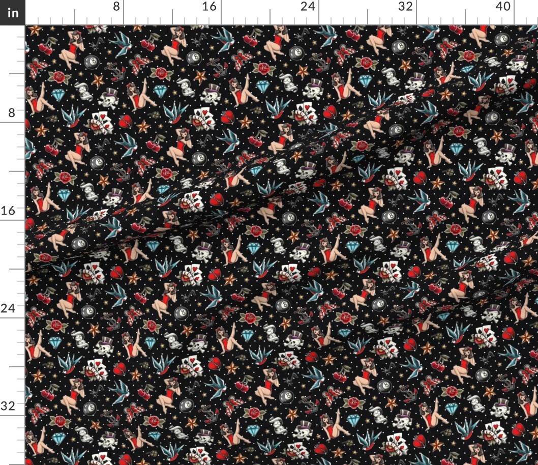 Rockabilly Tattoos Retro Vintage Pinup Custom Printed Fabric by Spoonflower Various Fabrics by the Yard or Fat Quarter