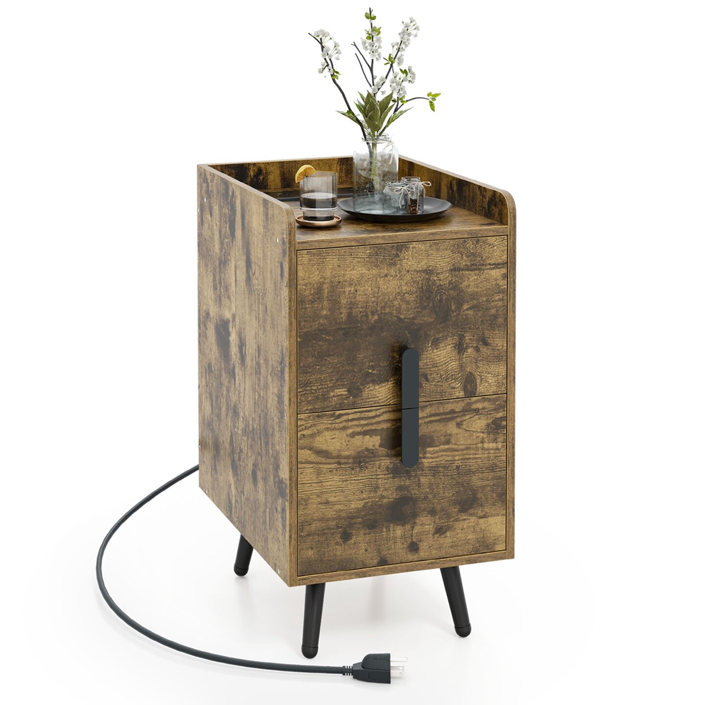 Costway Nightstand with Charging Station Home Bedside Sofa Side Tables with 2 Drawers Coffee/White/Black
