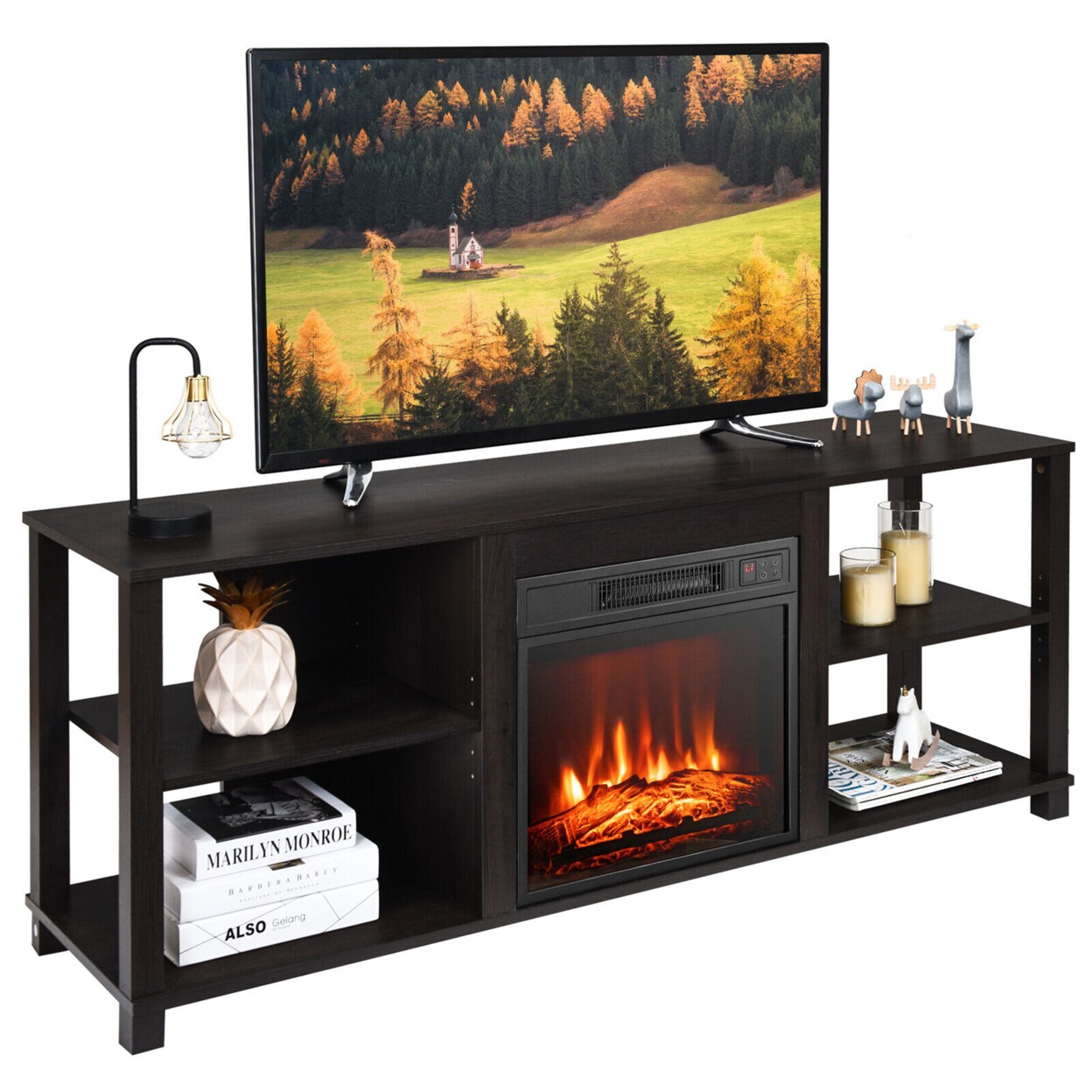 Gymax 2-Tier TV Stand andElectric Fireplace Heater Storage Cabinet Console For 65&#x22; TV