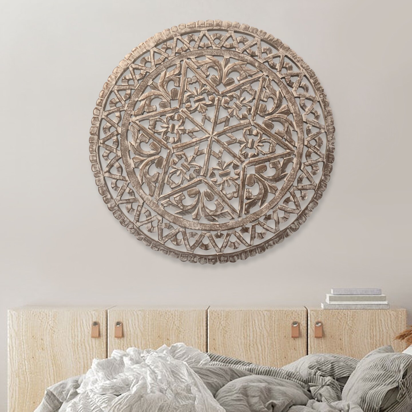 Saltoro Sherpi 30 Inch Round Wooden Carved Wall Art with Intricate Cutouts, Distressed White-