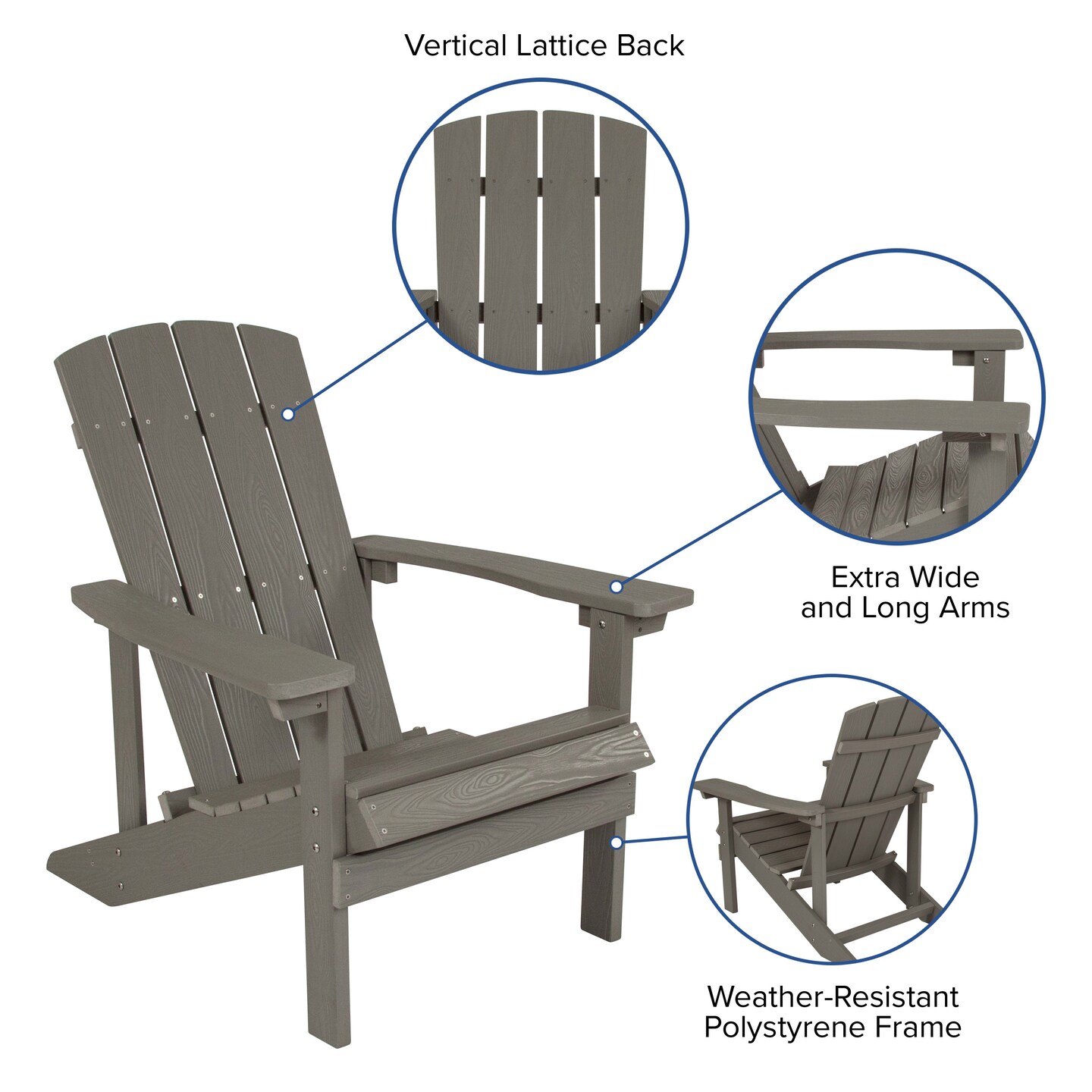 Merrick Lane Riviera Set of 2 Weather Resistant Adirondack Patio Chairs With Vertical Lattice Backs and Comfort Foam Cushions
