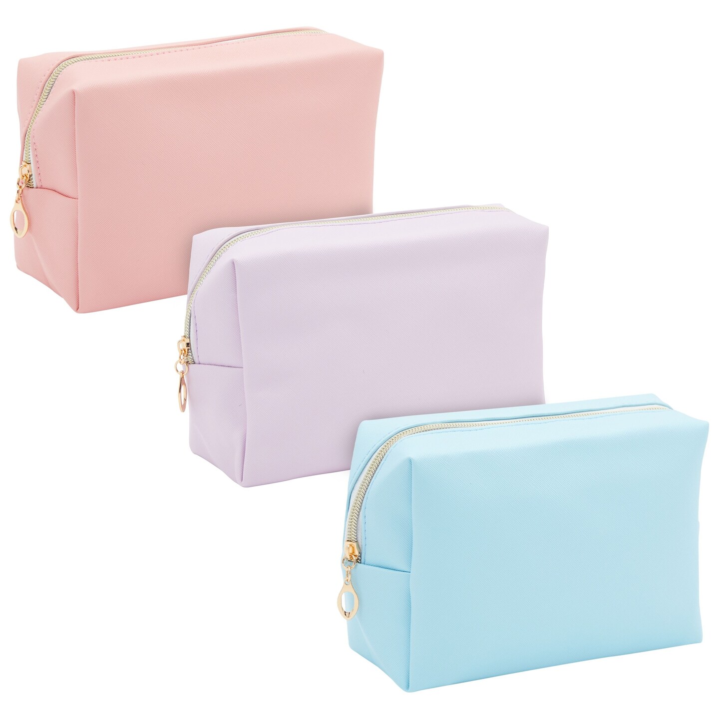 3 Pack Faux Leather Makeup Bag with Zipper - Small Cosmetic Pouch for Travel and Cosmetic Organizer (3 Pastel Colors)