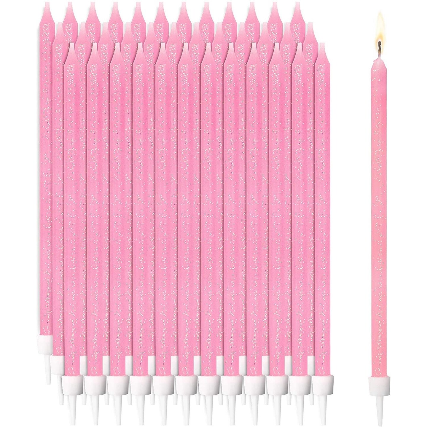 Pink Glitter Confetti Long Thin Birthday Cake Candles in Holders (5 in, 48 Pack)