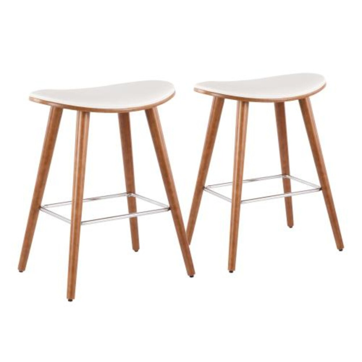 Lumisource Saddle 26" Mid-Century Modern Counter Stool In Walnut And White Faux Leather - Set Of 2