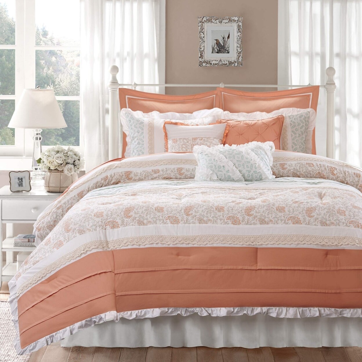 Madison Park   Dawn 9-Piece Cotton Percale Comforter Set, Coral - Cal King