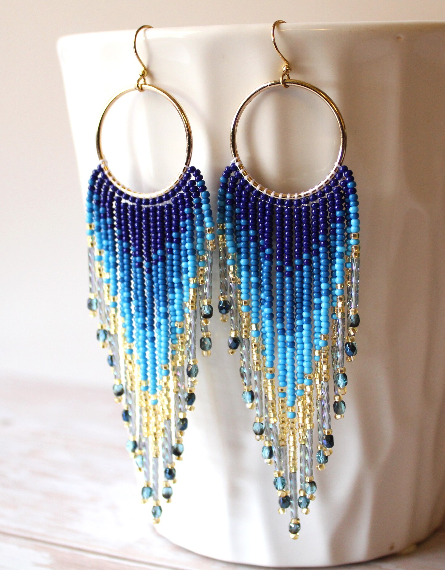 Tempered Steel, Blue Beaded Fringe selling Earrings