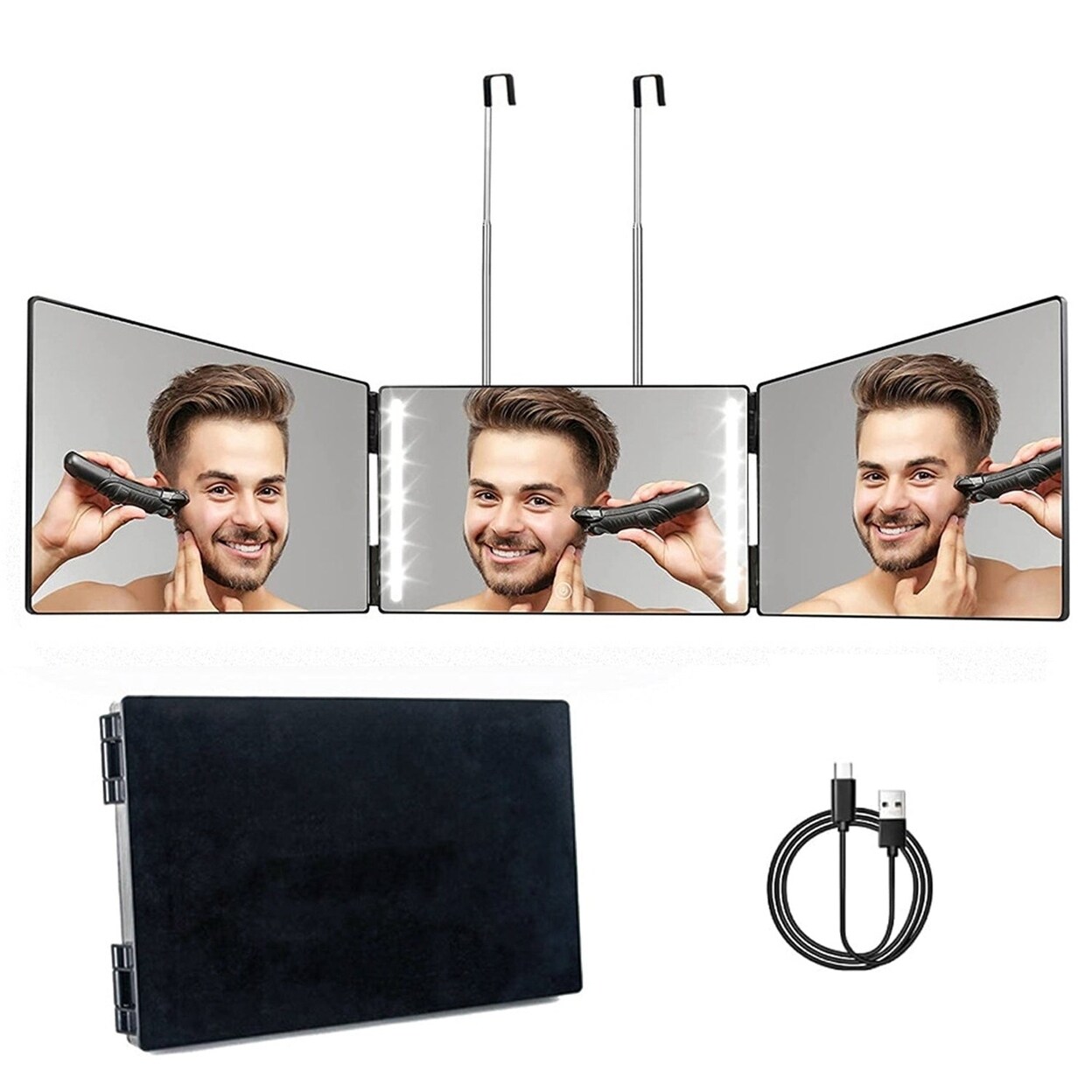 SKUSHOPS 3 Way Mirror with LED Telescopic Hanger Tri fold Mirror Personal Makeup Mirror with Micro USB Cable for Self Shaving